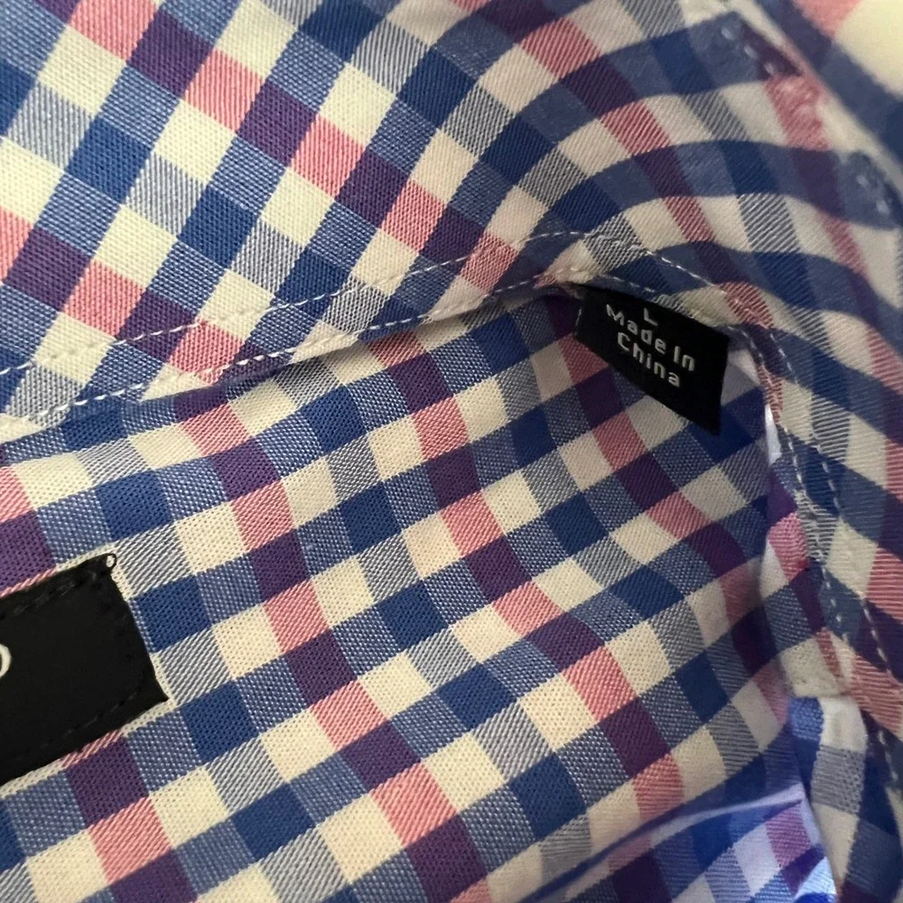TailorByrd Button Down‎ Shirt Flamingo Logo L Navy Pink Gingham Check